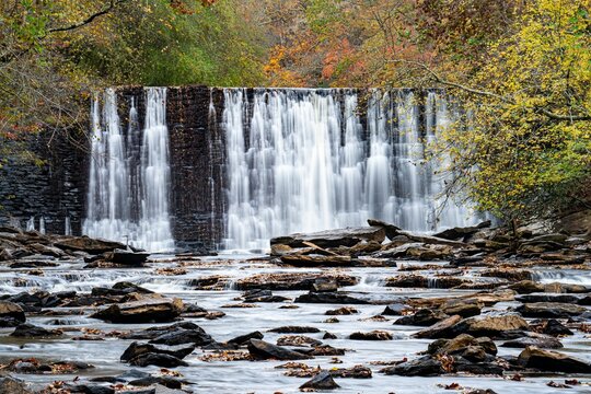 Fascinating Roswell Mill Falls on Vickery Creek with fall colors