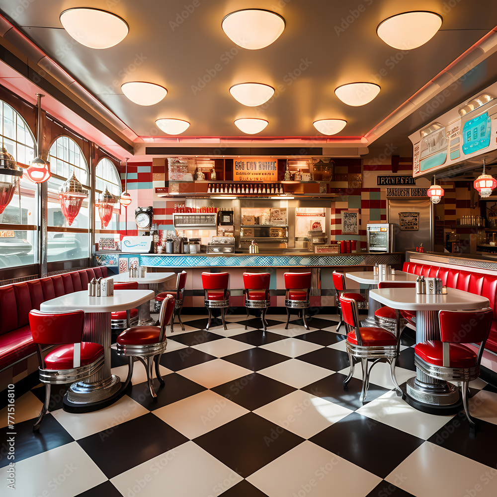 Sticker A retro-style diner with checkerboard floors and jukeboxes