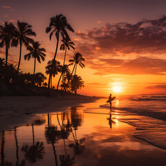 A serene beach sunset with palm trees and a silhouette of a surfer