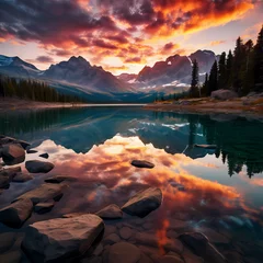Zelfklevend Fotobehang A serene mountain lake reflecting the colors of a sunset © Cao