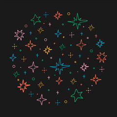 Background with shiny multicolor stars shape. Circle composition. Line art. Line star glitter shine of doodle set. Vector illustration