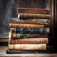 A stack of old books on a dusty wooden shelf. 
