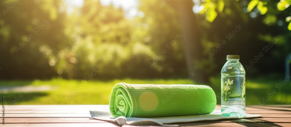 Poster a bottle of water and a green towel rest on a wooden table, creating a refreshing scene with element