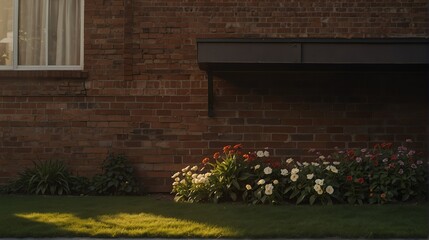 Fototapeta na wymiar brown brick wall house facade front yard lawn and flowers with bright dramatic lighting sunlight from Generative AI