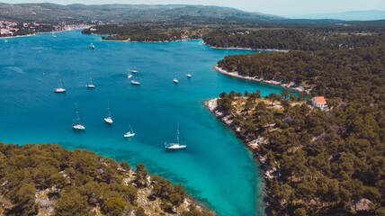 Aerial view of of sailing boats in Croatia, Mediterranean Sea.