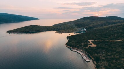 Aerial view of landscape view of a sailing marina in Croatia at sunset