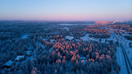 Aerial shot of the Arctic Circle in January near Levi, Finland