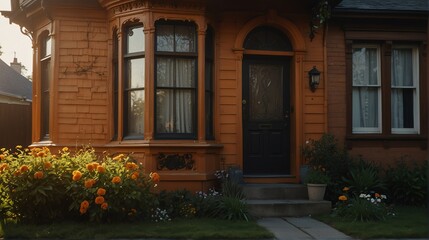 Fototapeta na wymiar Small old orange victorian house facade front yard lawn and flowers with bright dramatic lighting sunlight from Generative AI