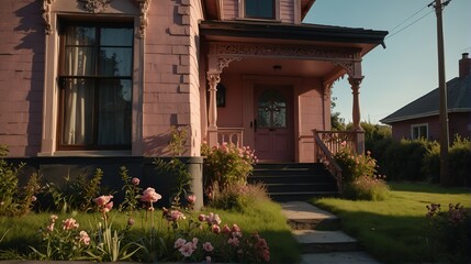 Fototapeta na wymiar Small old pink victorian house facade front yard lawn and flowers with bright dramatic lighting sunlight from Generative AI