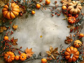 Autumn background with frame made of pumpkins and leaves. High-resolution