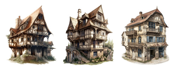 Old haunted house. Illustration set with old medieval houses on the transparent background.