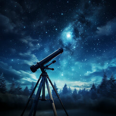 A telescope pointed at a starry night sky. 