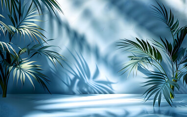 Abstract light blue background with palm shadows. High-resolution