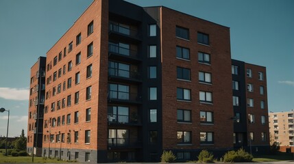 Streetview facade of generic modern black theme brick apartment building complex with lawn and bushes in front and blue sky from Generative AI