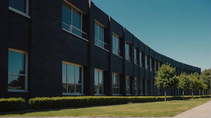 Streetview facade of generic modern black theme university school building with lawn and bushes in front and clear blue sky from Generative AI