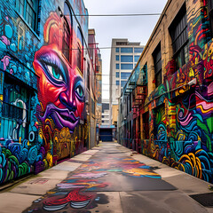 Naklejka premium A vibrant street art mural in an urban alleyway. 