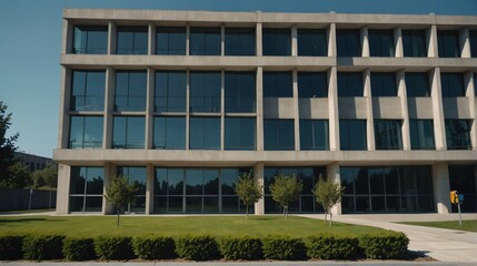 Streetview facade of generic modern blue theme government office building with lawn and bushes in front and clear blue sky from Generative AI