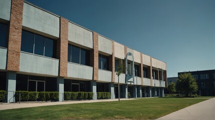 Streetview facade of generic modern blue theme university school building with lawn and bushes in front and clear blue sky from Generative AI