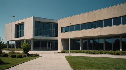 Streetview facade of generic modern government office building with lawn and bushes in front and clear blue sky from Generative AI