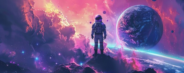 Abstract portrayal of cosmic adventure in stunning poster art Astronaut silhouette stands against surreal space backdrop featuring distant planets and celestial sands - obrazy, fototapety, plakaty
