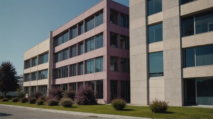 Fototapeta na wymiar Streetview facade of generic modern purple theme government office building with lawn and bushes in front and clear blue sky from Generative AI