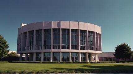 Fototapeta na wymiar Streetview facade of generic modern purple theme government office building with lawn and bushes in front and clear blue sky from Generative AI