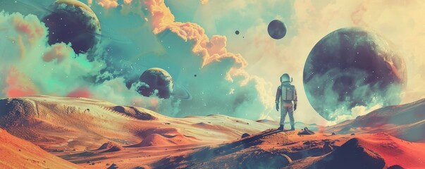 Astronomical exploration captured in abstract cosmic poster Astronaut figure gazes at distant planets amidst surreal celestial sands, evoking sense of cosmic wonder