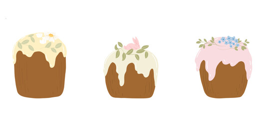 Vector Easter cakes with floral decor. Cartoon stylisation.  Isolated holiday design element.  White background.