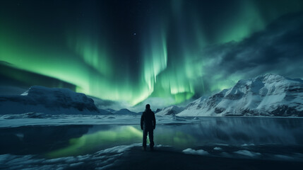 Fototapeta na wymiar A man standing on the top of a mountain admiring the view of the aurora borealis or northern lights.