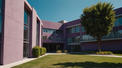 Streetview facade of generic modern purple theme university school building with lawn and bushes in front and clear blue sky from Generative AI