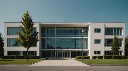 Streetview facade of generic modern white theme university school building with lawn and bushes in front and clear blue sky from Generative AI