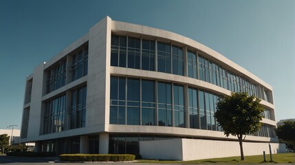 Streetview facade of generic modern white theme government office building with lawn and bushes in front and clear blue sky from Generative AI