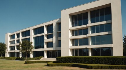 Streetview facade of generic modern white theme university school building with lawn and bushes in front and clear blue sky from Generative AI