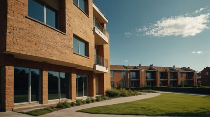Fototapeta premium Streetview facade of generic modern yellow theme brick apartment building complex with lawn and bushes in front and blue sky from Generative AI