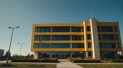 Streetview facade of generic modern yellow theme government office building with lawn and bushes in front and clear blue sky from Generative AI