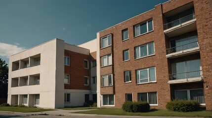 Streetview facade of generic modern yellow theme brick apartment building complex with lawn and bushes in front and blue sky from Generative AI