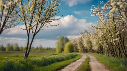 Obraz premium Defocused spring landscape. Beautiful nature with flowering willow branches and a road against a background of blue sky with clouds and a blooming garden, soft focus. Ultra-wide format