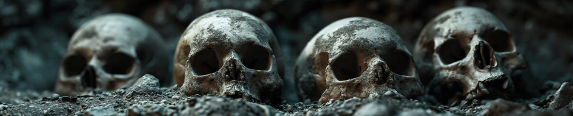 human skulls of skeletons in ground at archaeological underground excavations in burial grave - obrazy, fototapety, plakaty