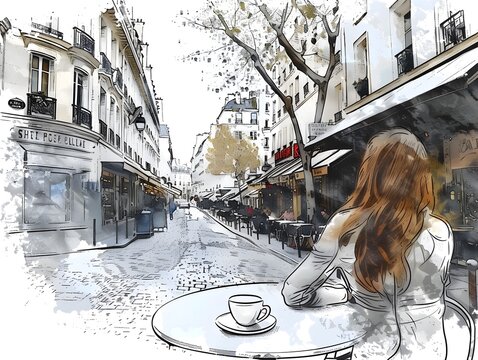 Sipping Coffee and Observing the Parisian Street Caf Scene in a Whimsical Hand Drawn