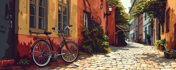 Enchanting Cobblestone Streets and Vintage Bicycle in Charming European Town for Urban and Outdoor Adventure