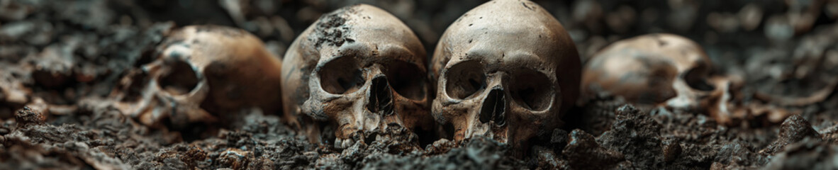 skulls of skeletons in ground at archaeological excavations in burial grave - obrazy, fototapety, plakaty