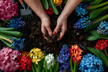 Gardener hands planting hyacinth flower in soil on backyard garden. Spring gardening works concept. Love nature