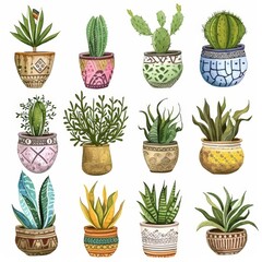 A delightful collection of watercolor potted succulents, each nestled in uniquely patterned pots, bringing a touch of desert charm to any setting.