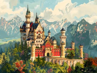 Enchanting Historic European Castle Nestled in Breathtaking Mountain Landscape Evoking Timeless Tales of Yesteryear