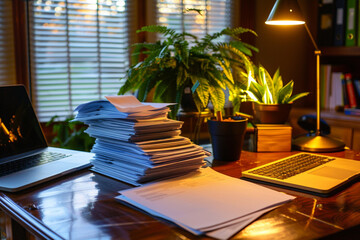 organized photo of desk setup for handling social security paperwork, softly lit to evoke a sense of order and efficiency in document management,