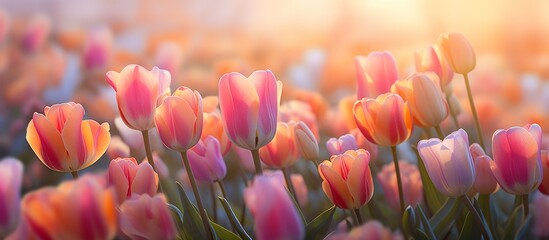 A meadow of magenta and orange tulips under the sun, creating a beautiful natural landscape filled with flowering plants and colorful petals - obrazy, fototapety, plakaty