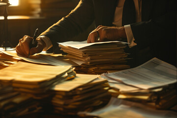 professional photo of a person organizing and filing social security documents in a systematic manner, softly illuminated to convey a sense of order and efficiency in administrativ - obrazy, fototapety, plakaty