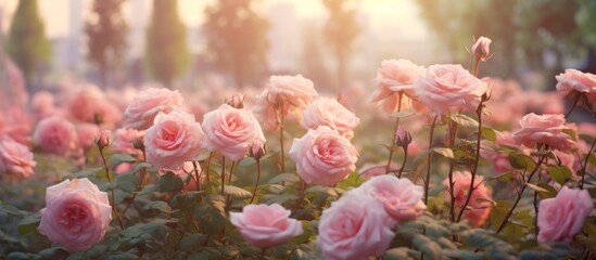 A stunning natural landscape filled with a field of pink roses, their petals glistening in the sun. These terrestrial plants belong to the Rose family, blossoming beautifully in the light - obrazy, fototapety, plakaty