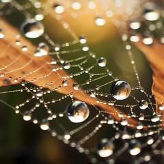 Macro shot of water droplets on a spider web. 