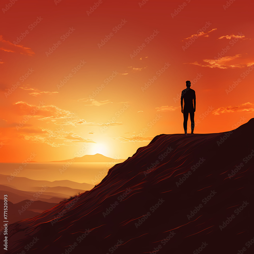 Sticker Silhouette of a person standing on a hill at sunset